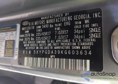 2019 Kia Sorento 2.4L Lx из США, поврежденный, VIN 5XYPGDA39KG603634